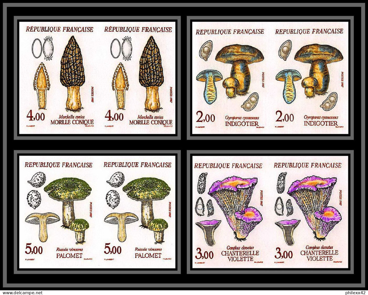 France N°2488 / 2491 Champignons De France (mushrooms Funghi) 1987 PAIRE Cote Maury 270 Non Dentelé ** MNH (Imperf) - 1981-1990
