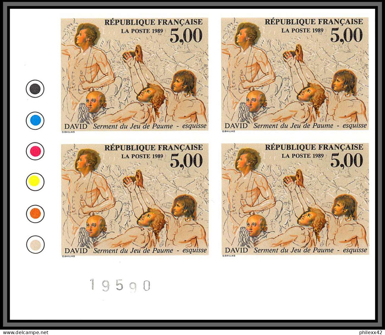 France N°2591 Révolution Serment Du Jeu De Paume David Tableau Painting Non Dentelé ** MNH Imperf Bloc 4 Coin De Feuille - Rivoluzione Francese