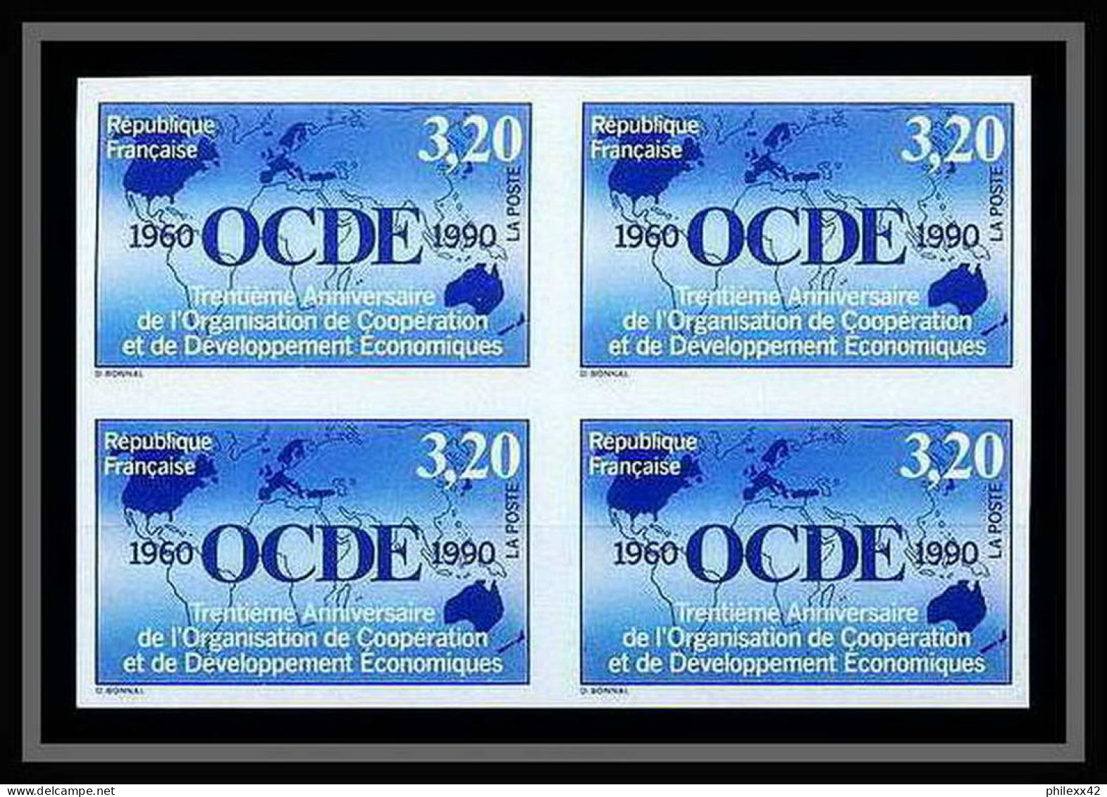 France N°2673 OCDE Organisation De Coopération économiquec 1990 Bloc De 4 Non Dentelé ** MNH Imperf Cote 160 Discount - 1981-1990