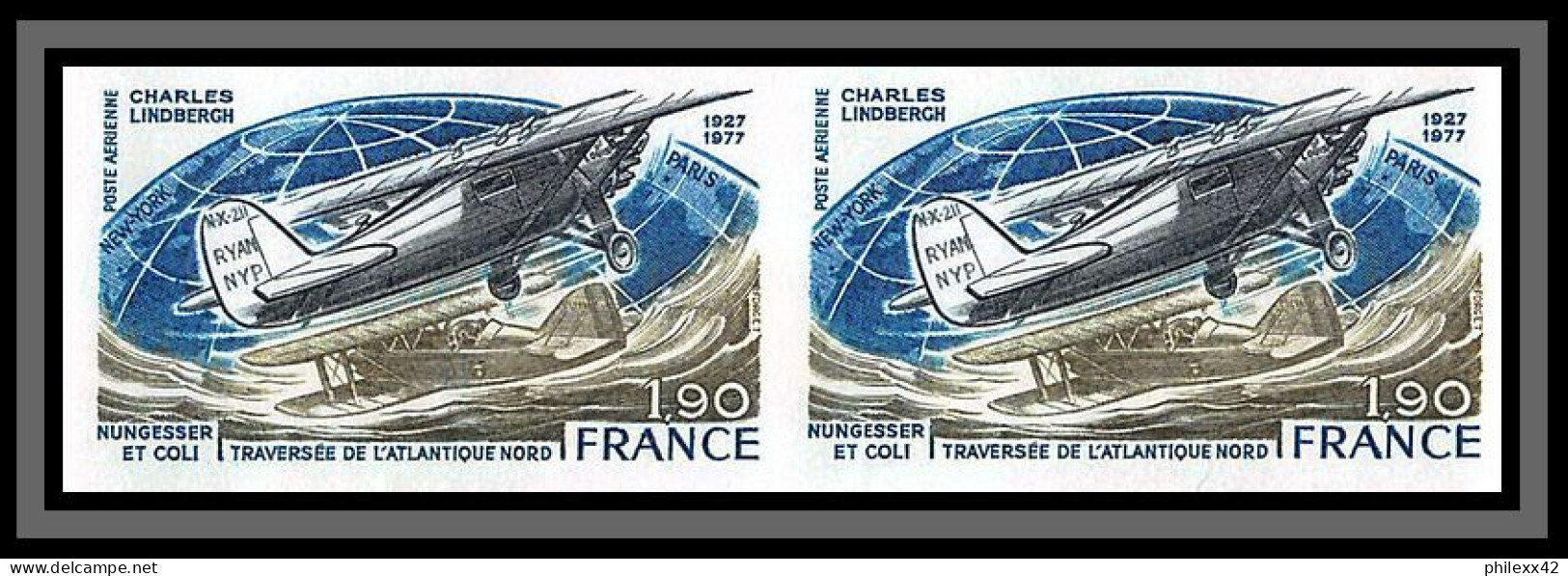 France PA Poste Aerienne Aviation N°50 Charles Lindbergh Nungesser Coli Non Dentelé ** MNH (Imperf) Cote 150 Paire - 1971-1980