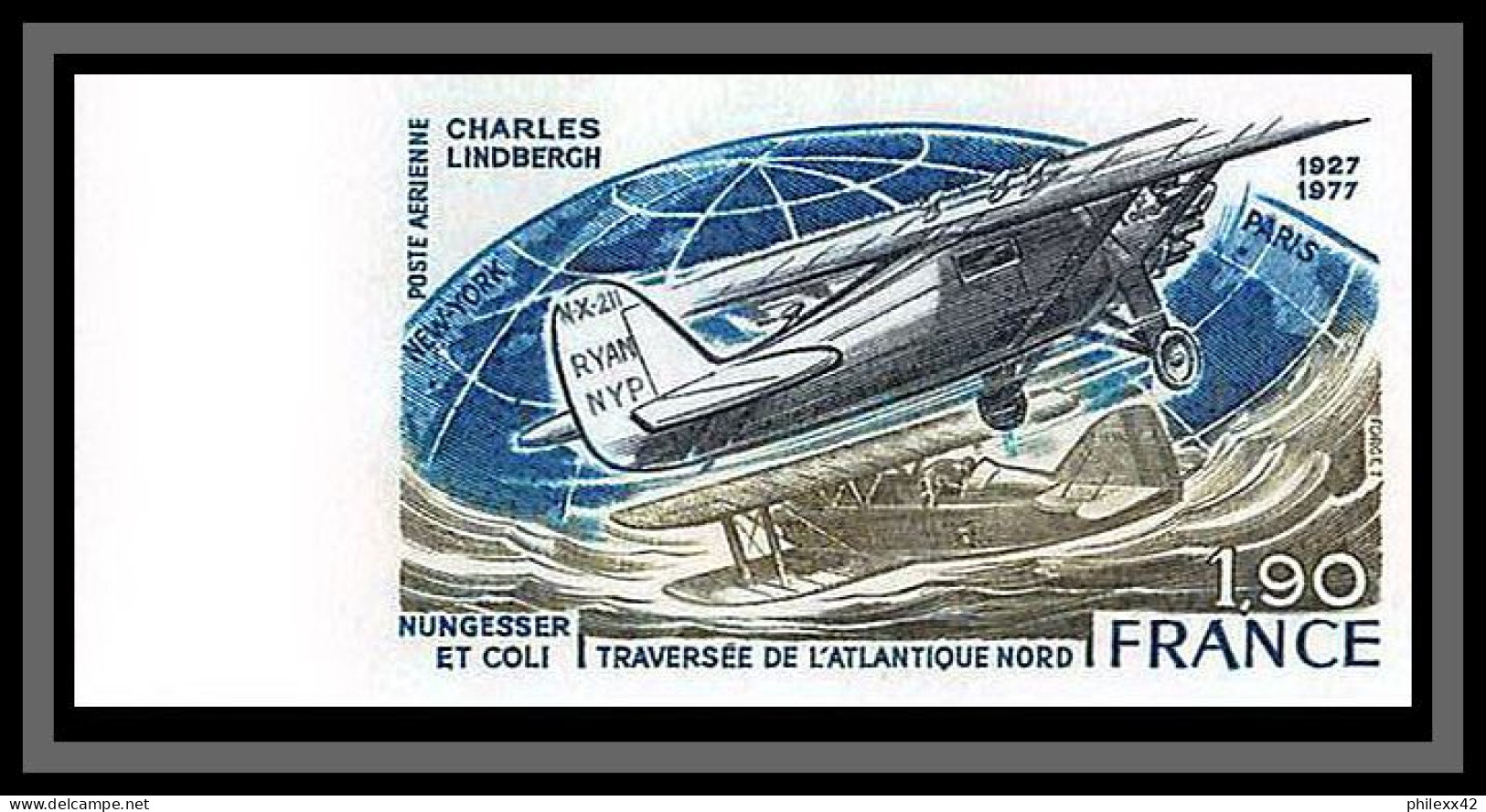 France PA Poste Aerienne Aviation N°50 Lindbergh Nungesser Coli + Epreuve Proof Non Dentelé ** MNH Imperf Cote 175 - 1971-1980