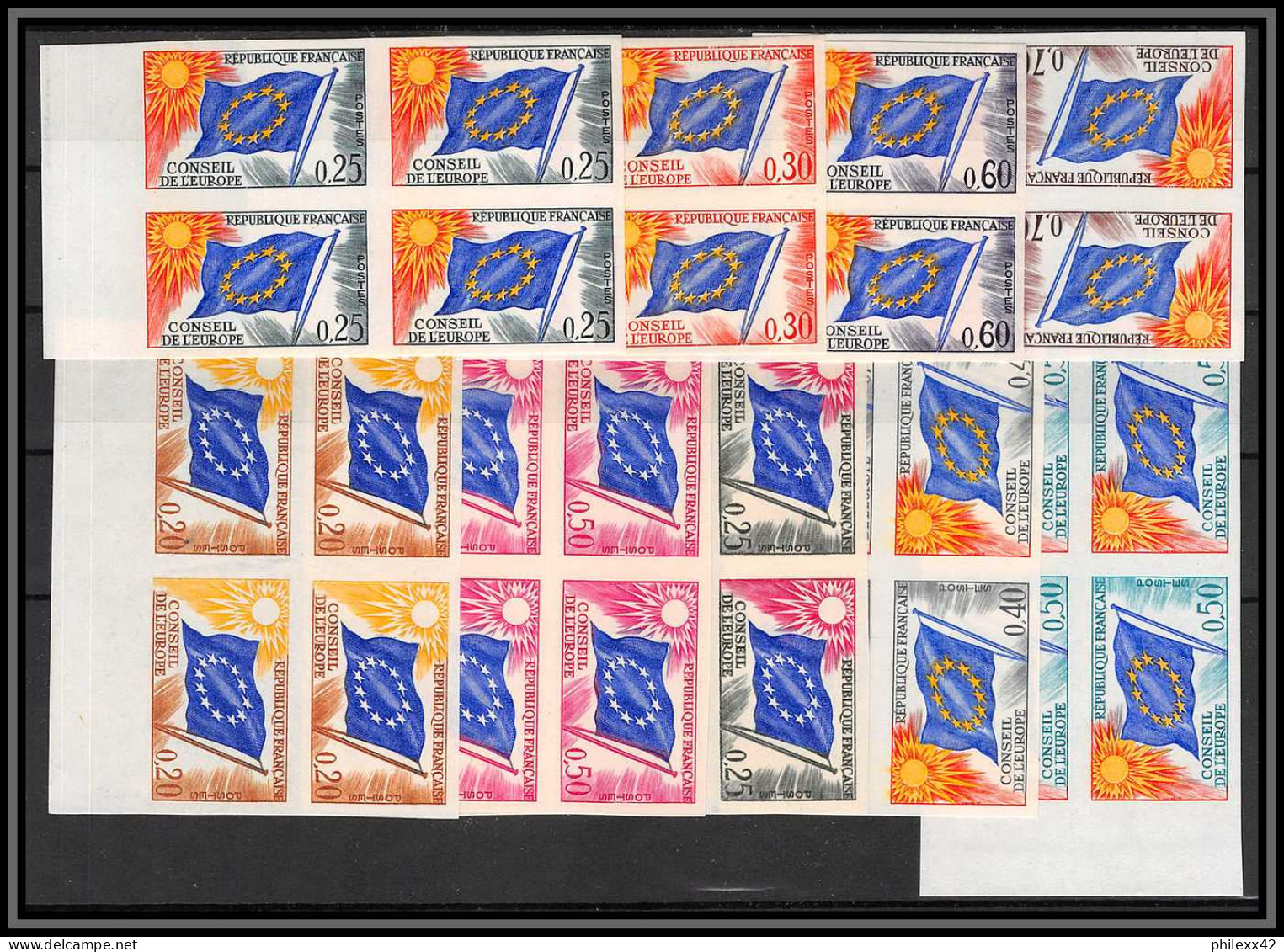 France Service N°28/35 Conseil De L'europe Europa Drapeau Flag Cote 2000 Euros Bloc 4 Non Dentelé ** MNH Imperf Discount - 1961-1970