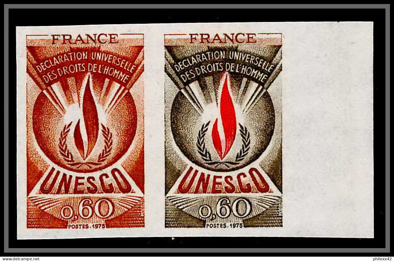 France Service N°44 Paire Declaration Droits De L'homme Human Unesco Essai Proof Non Dentelé Imperf ** MNH - Essais De Couleur 1945-…