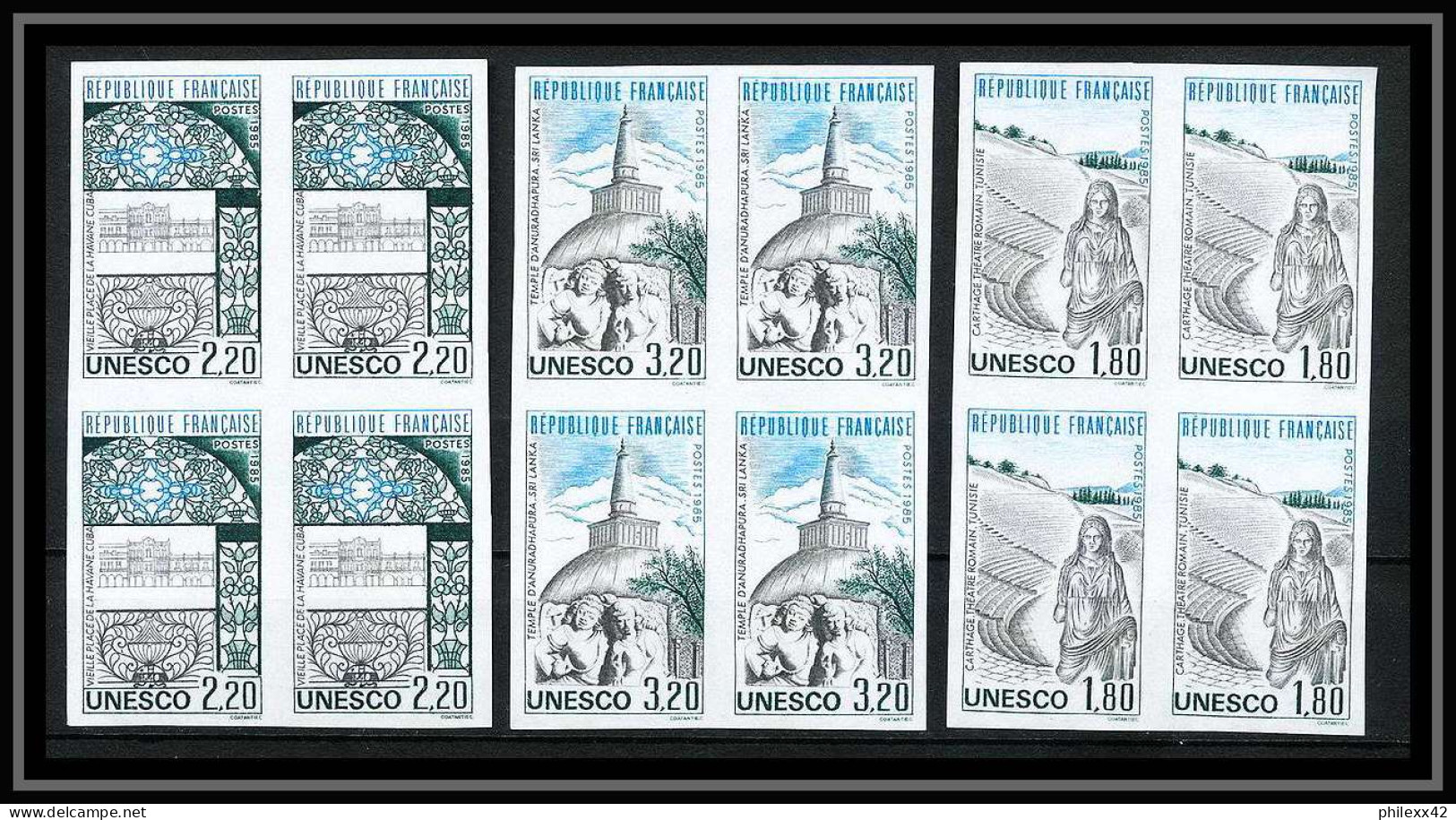 France Service N°88/90 Sri Lanka Tunisie Cuba Cote 392 Bloc De 4 Unesco Sites Classés Non Dentelé ** MNH Imperf Cote 360 - 1981-1990