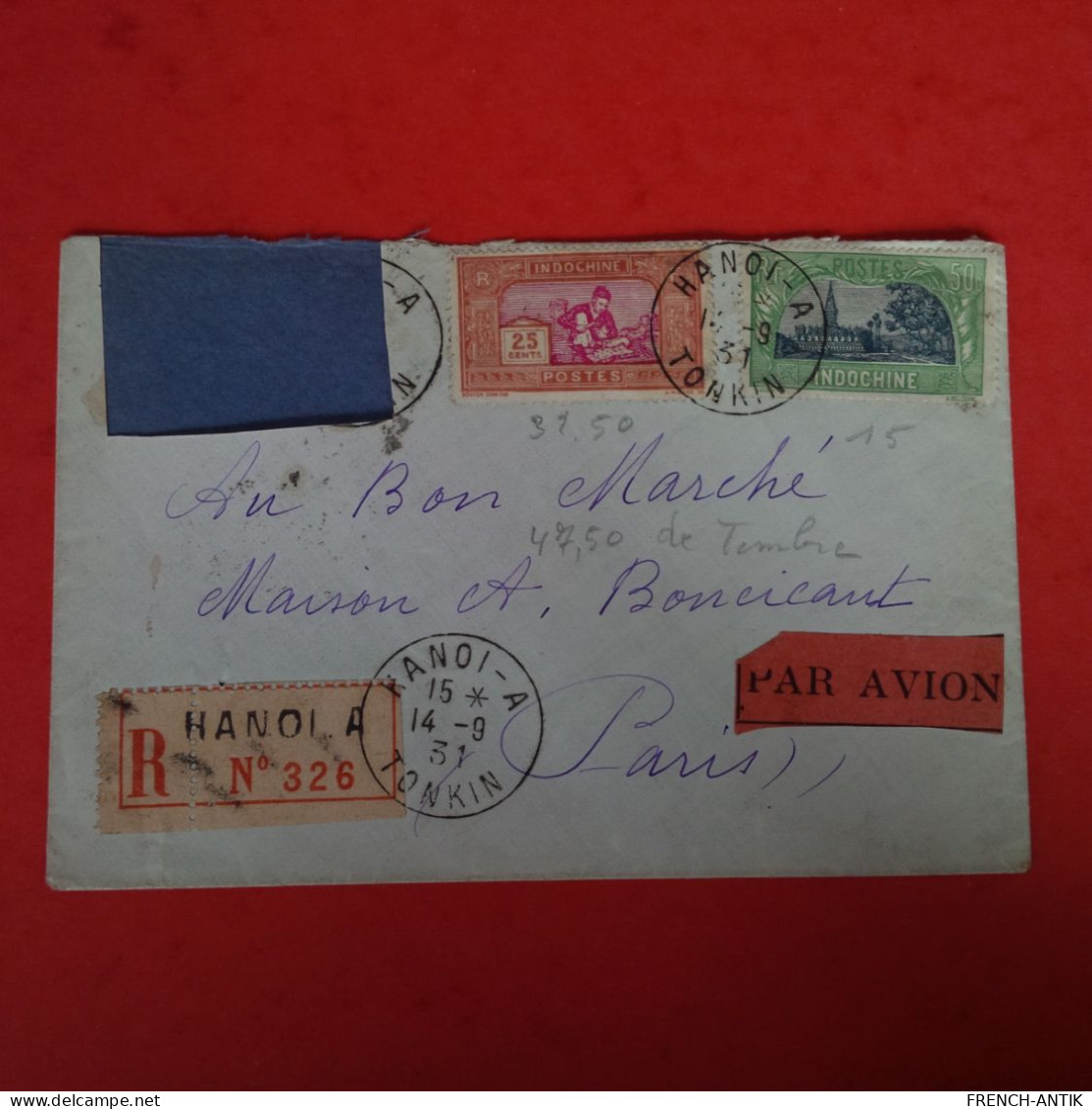 LETTRE TONKIN RECOMMANDE HANOI POUR PARIS - Cartas & Documentos