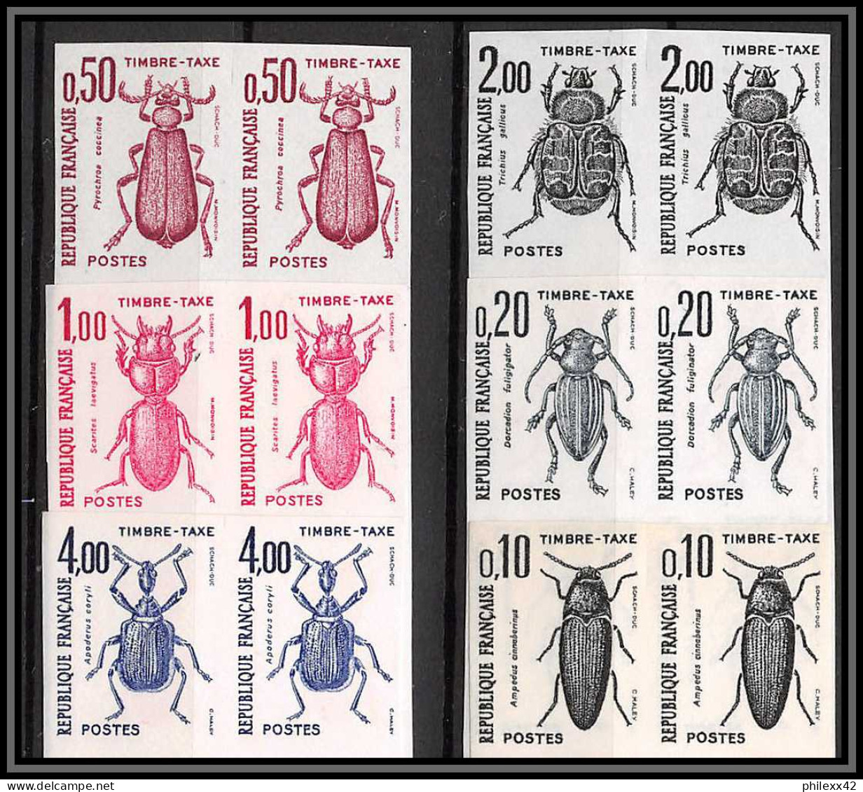 France Taxe N°103/108 Insectes Coleopteres Beetle Insects Paire Essai Proof Non Dentelé ** MNH Imperf 12 Timbres - Essais De Couleur 1945-…