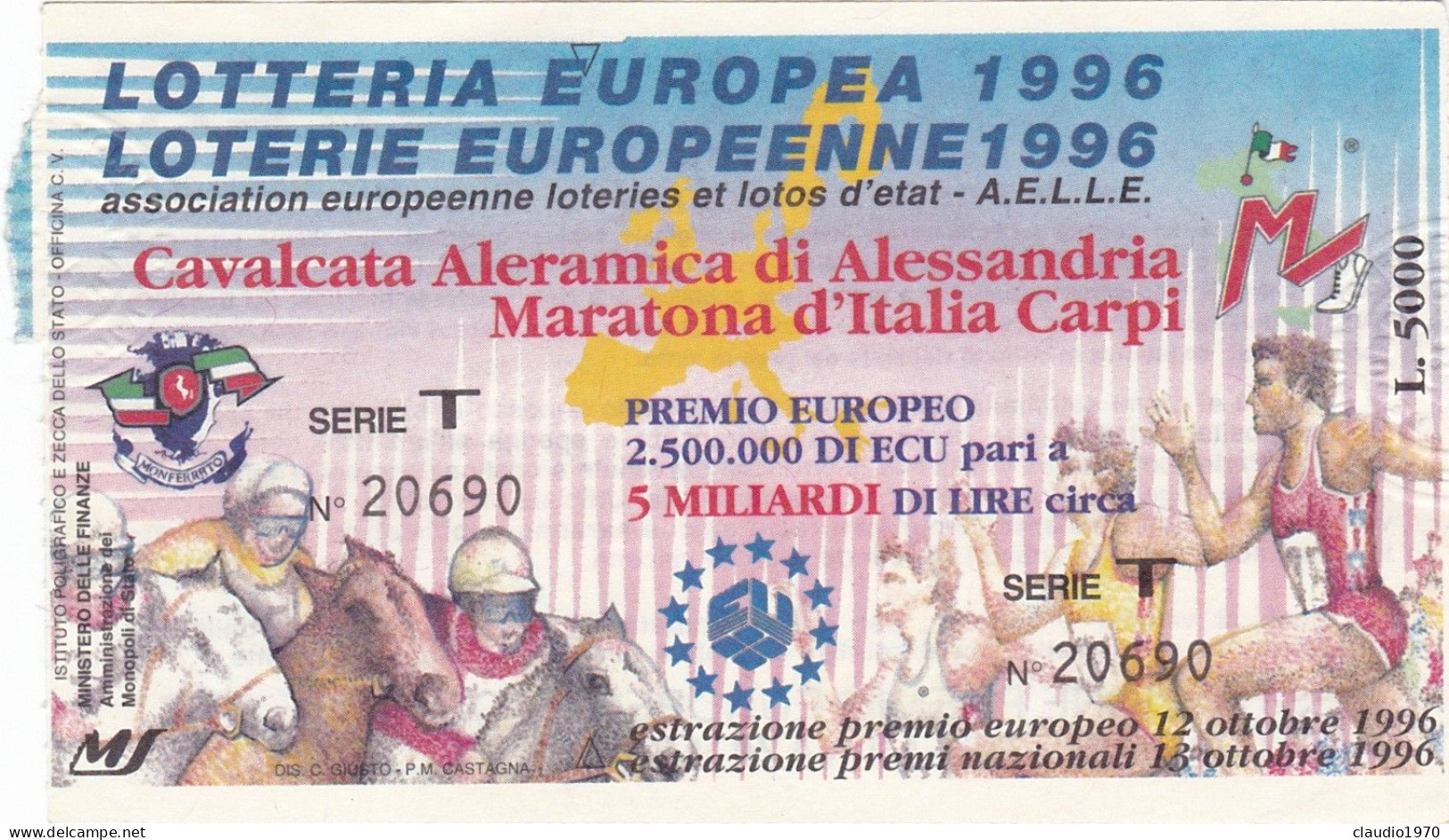 BIGLIETTO DELLA LOTTERIA - NAZIONALE - CAVALCATA ALERAMICA DI ALESSANDRI E MARATONA D'ITALIA- ESTAZIONE 12-13/10/1996 - Biglietti Della Lotteria