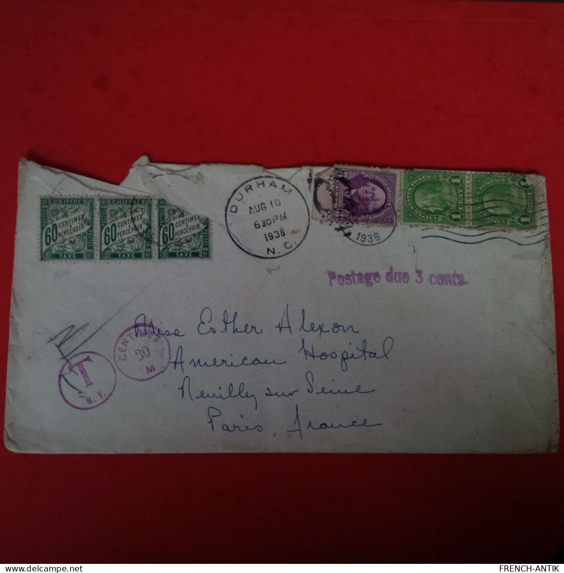 LETTRE DURHAM POUR NEUILLY SUR SEINE AMERICAN HOSPTIAL BANDE DE 3 TIMBRE TAXE 60C - Storia Postale