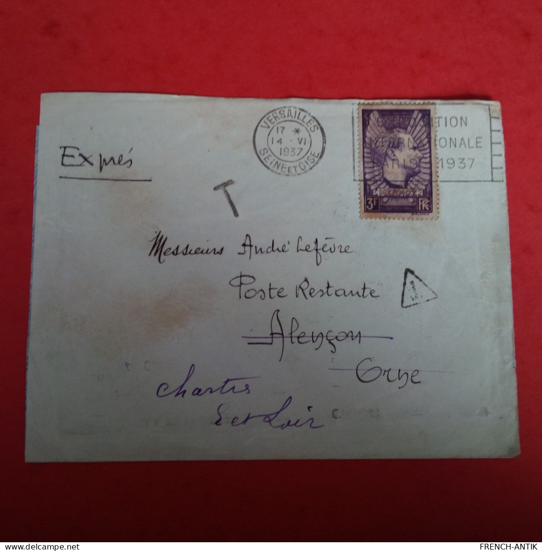 LETTRE VERSAILLE POUR CHARTRES POSTE RESTANTE TAXE CACHET EXPOSITION 1937 PARIS TIMBRE 3 FRANCS - Covers & Documents