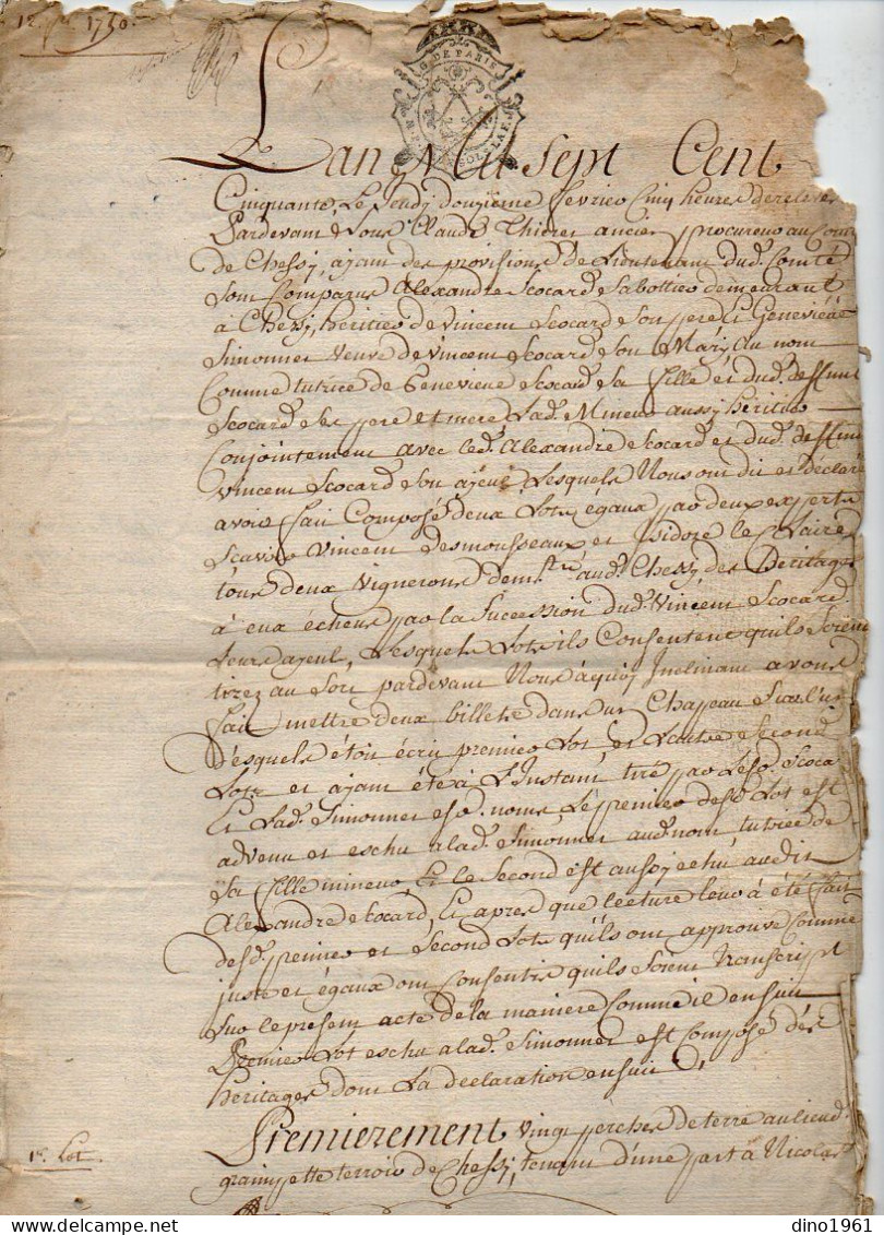 VP22.977 - Cachet De Généralité De PARIS / LAGNY - Acte De 1750 - Partage - Succession SCOCARD De CHESSY ( 77 ) - Seals Of Generality