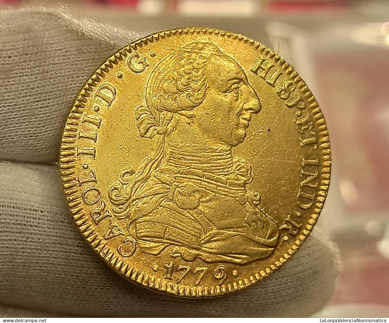 España Spain Carlos III - 8 Escudos 1779 Santiago DA Km 27 Oro Ebc Xf - Autres & Non Classés