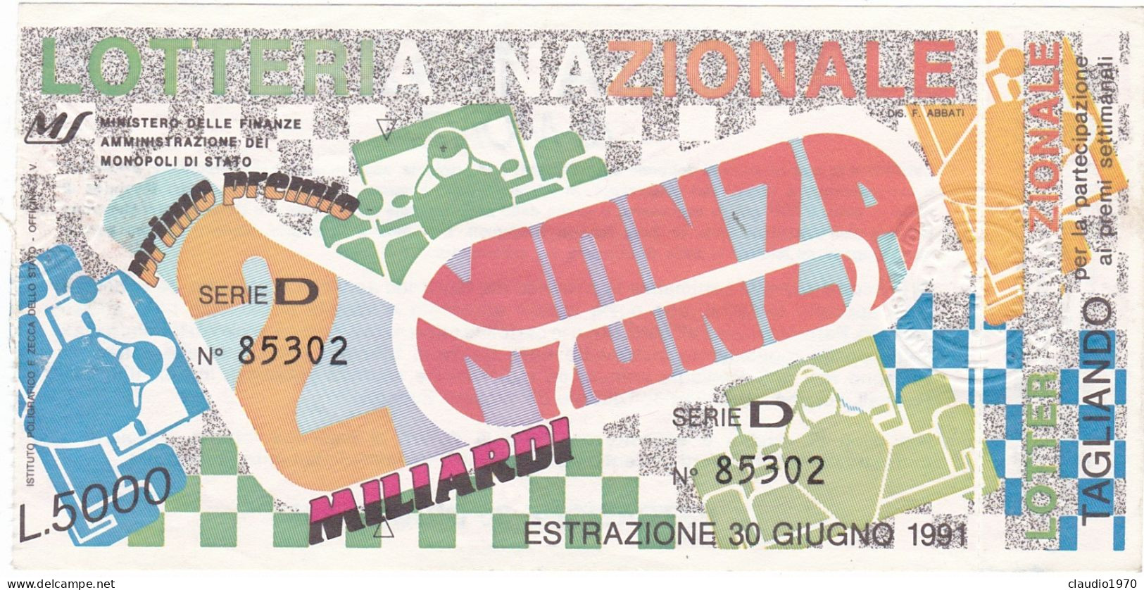 BIGLIETTO DELLA LOTTERIA - NAZIONALE - DI MONZA -  ESTAZIONE 30/6/1991 - Biglietti Della Lotteria