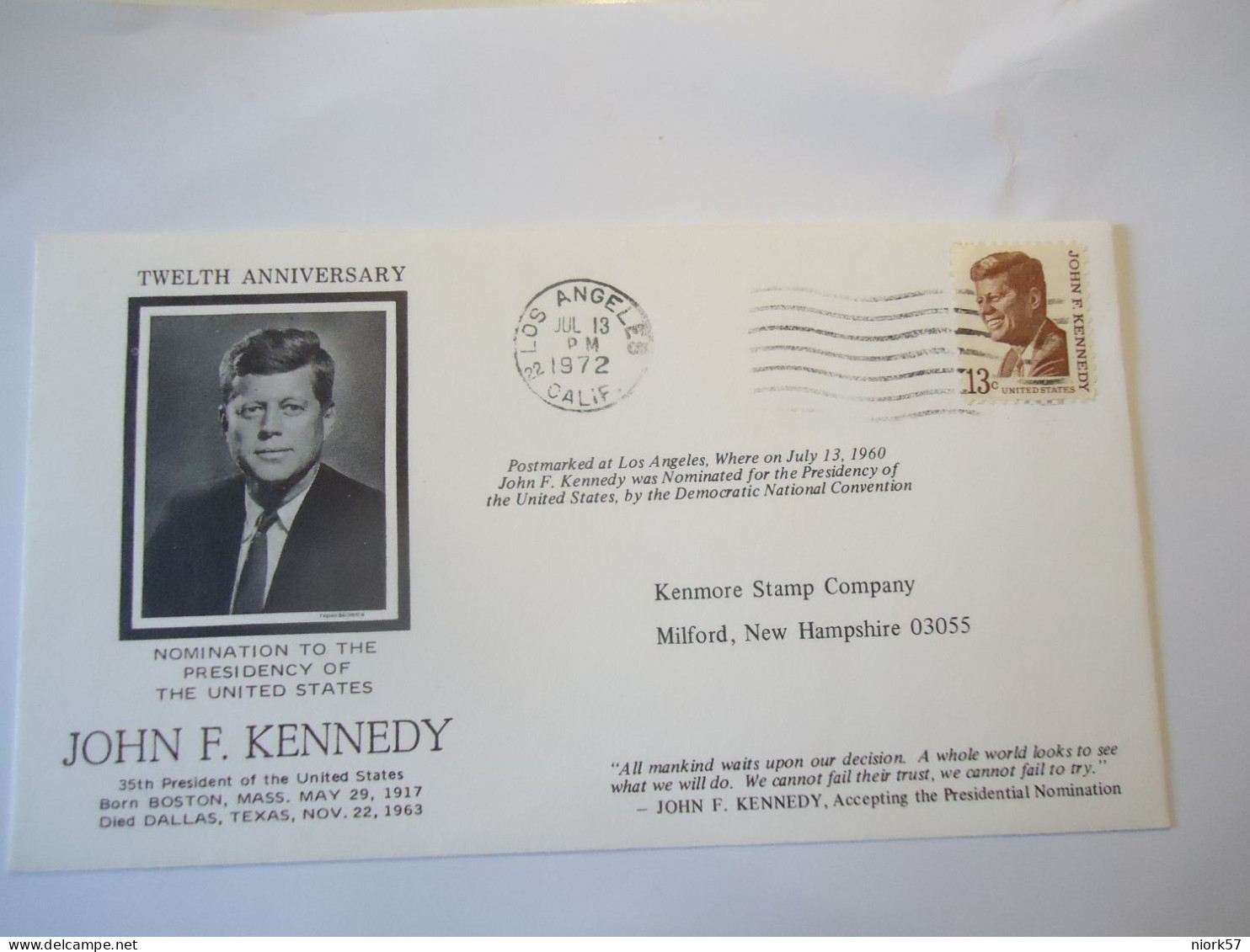 UNITED   STATES   COVER ANNIVERSARIES   1972   KENNEDY - Kennedy (John F.)