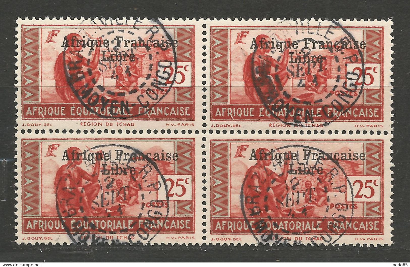 AEF  N° 163 Bloc De 4 Cachet BRAZZAVILLE RP 2 Sept 1941/ Used - Usati