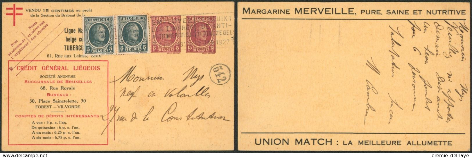 Entier Type Carte Postale Annonce N°6 "crédit Général Liégeois". Voyagé De Bruxelles > La Ville - Tarjetas 1934-1951
