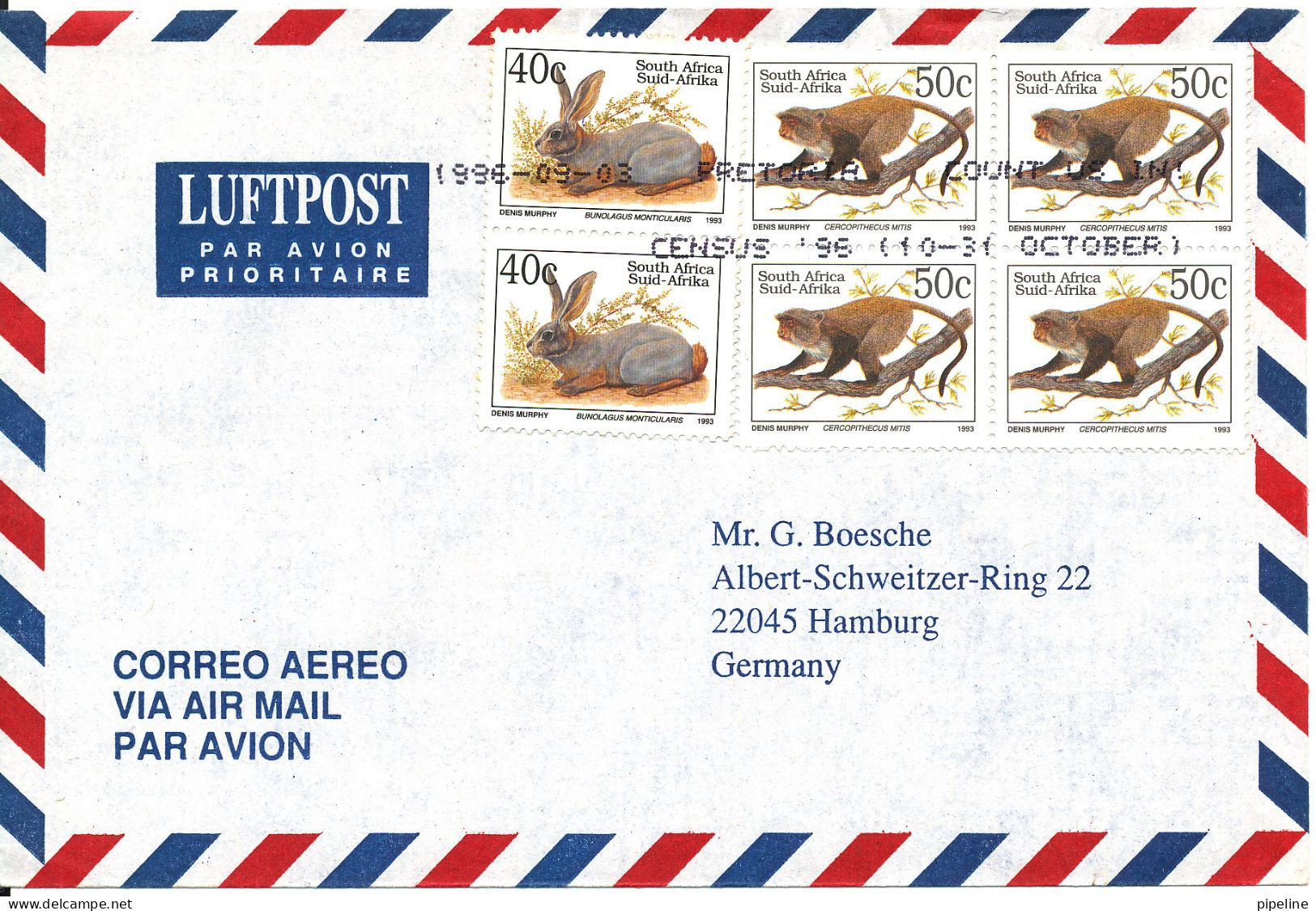 South Africa Air Mail Cover Sent To Germany 3-10-1996 - Posta Aerea