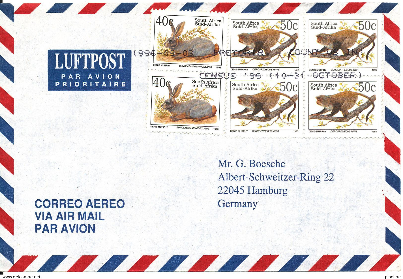 South Africa Air Mail Cover Sent To Germany 3-10-1996 - Poste Aérienne