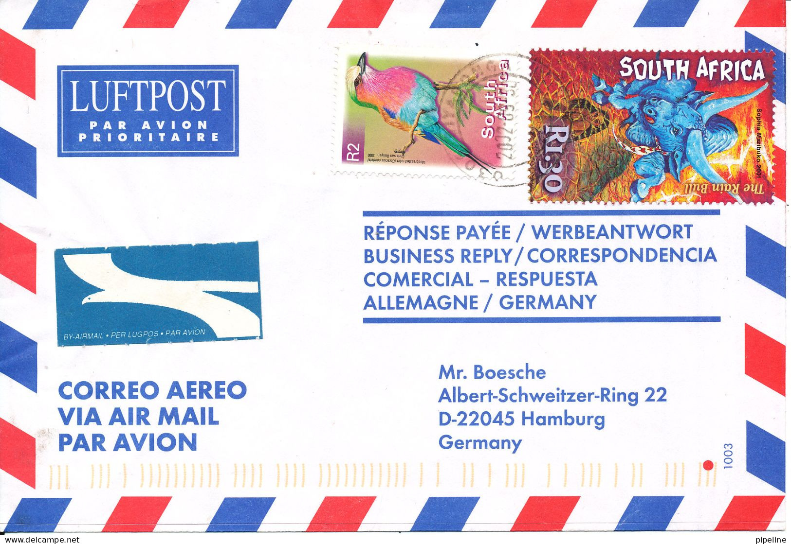 South Africa Air Mail Cover Sent To Germany 5--9-2002 - Luftpost