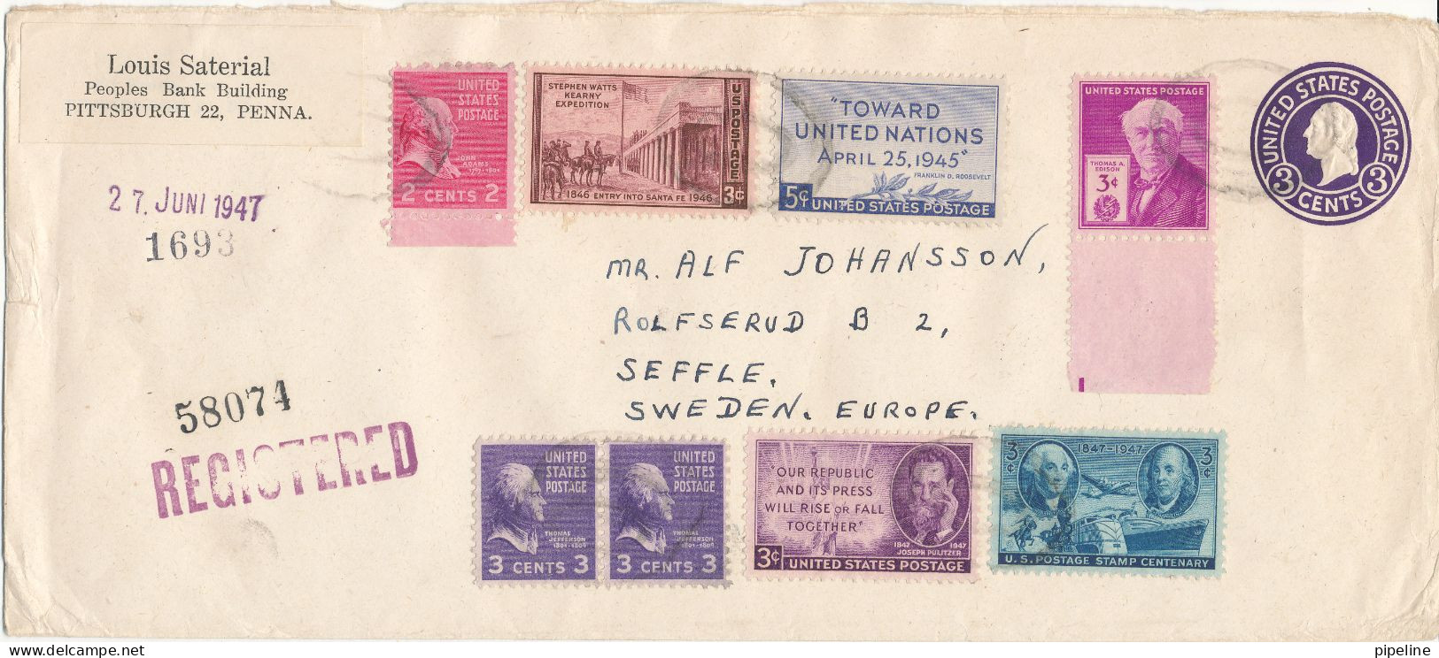 USA Registered Uprated Postal Stationery Cover Sent To Sweden New York 6-10-1947 With More Topic Stamps - 1941-60