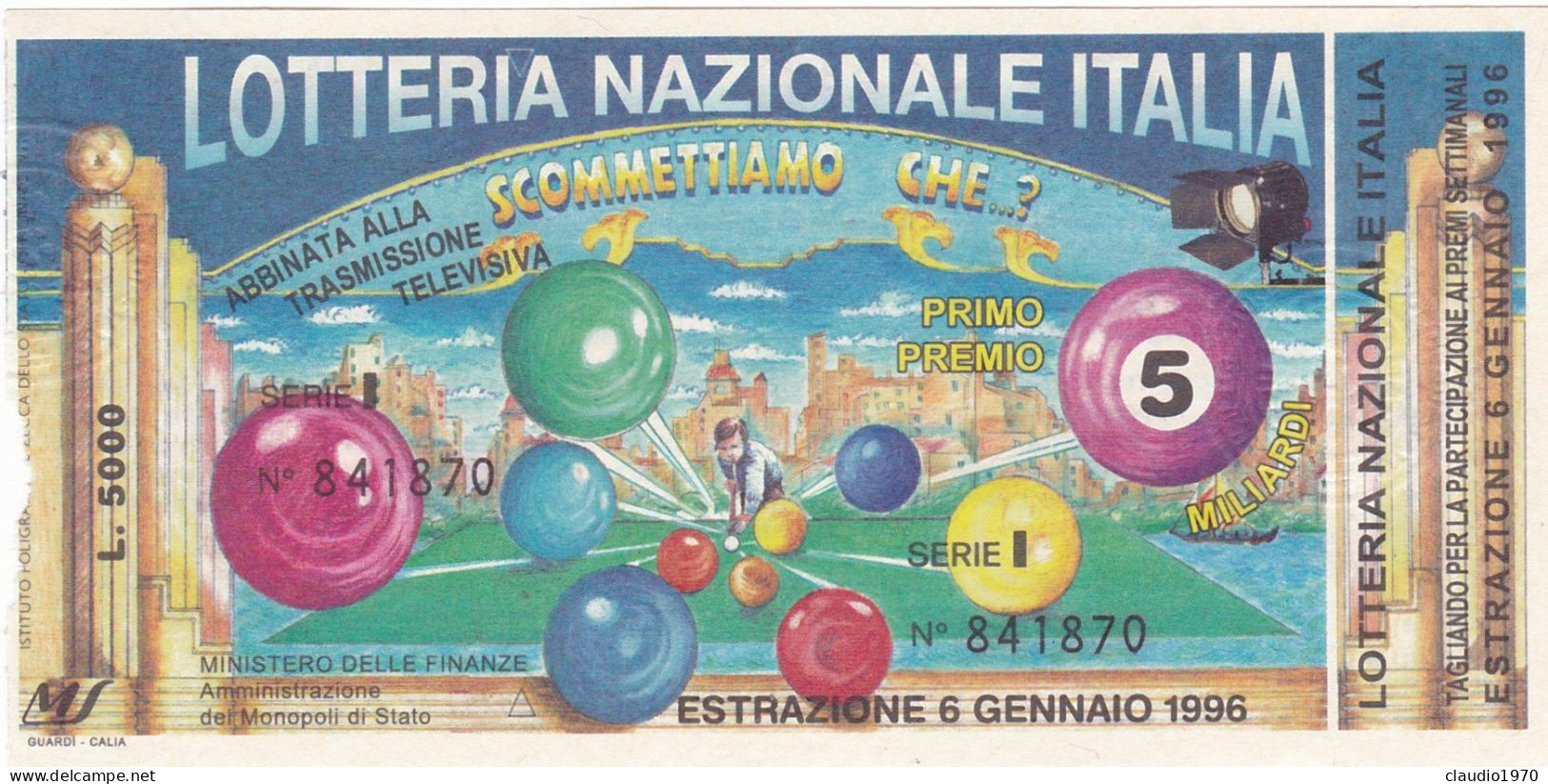 BIGLIETTO DELLA LOTTERIA - NAZIONALE ITALIA -  ESTAZIONE 6/1/1996 - Biglietti Della Lotteria