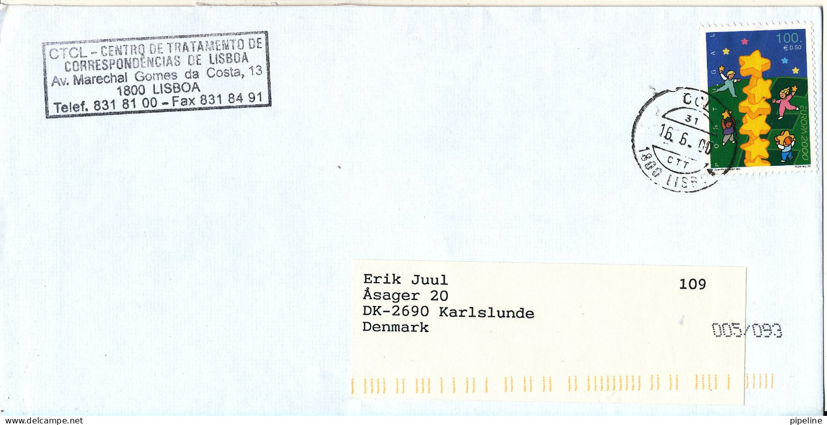 Portugal Cover Sent To Denmark Lisboa 16-6-2000 Single Franked EUROPA CEPT - Covers & Documents