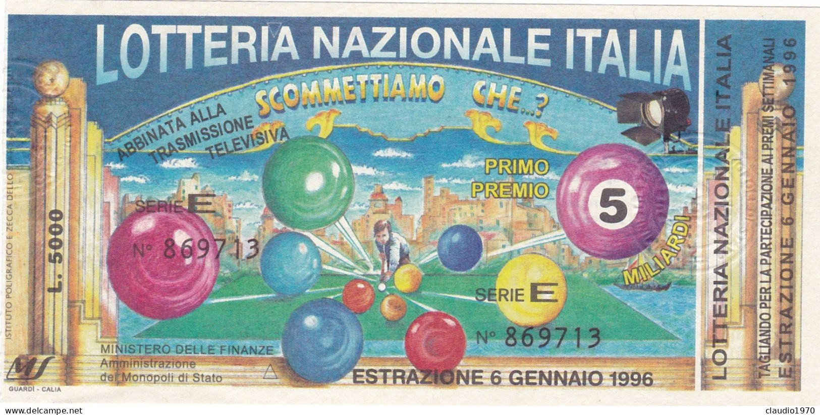 BIGLIETTO DELLA LOTTERIA - NAZIONALE ITALIA -  ESTAZIONE 6/1/1996 - Biglietti Della Lotteria