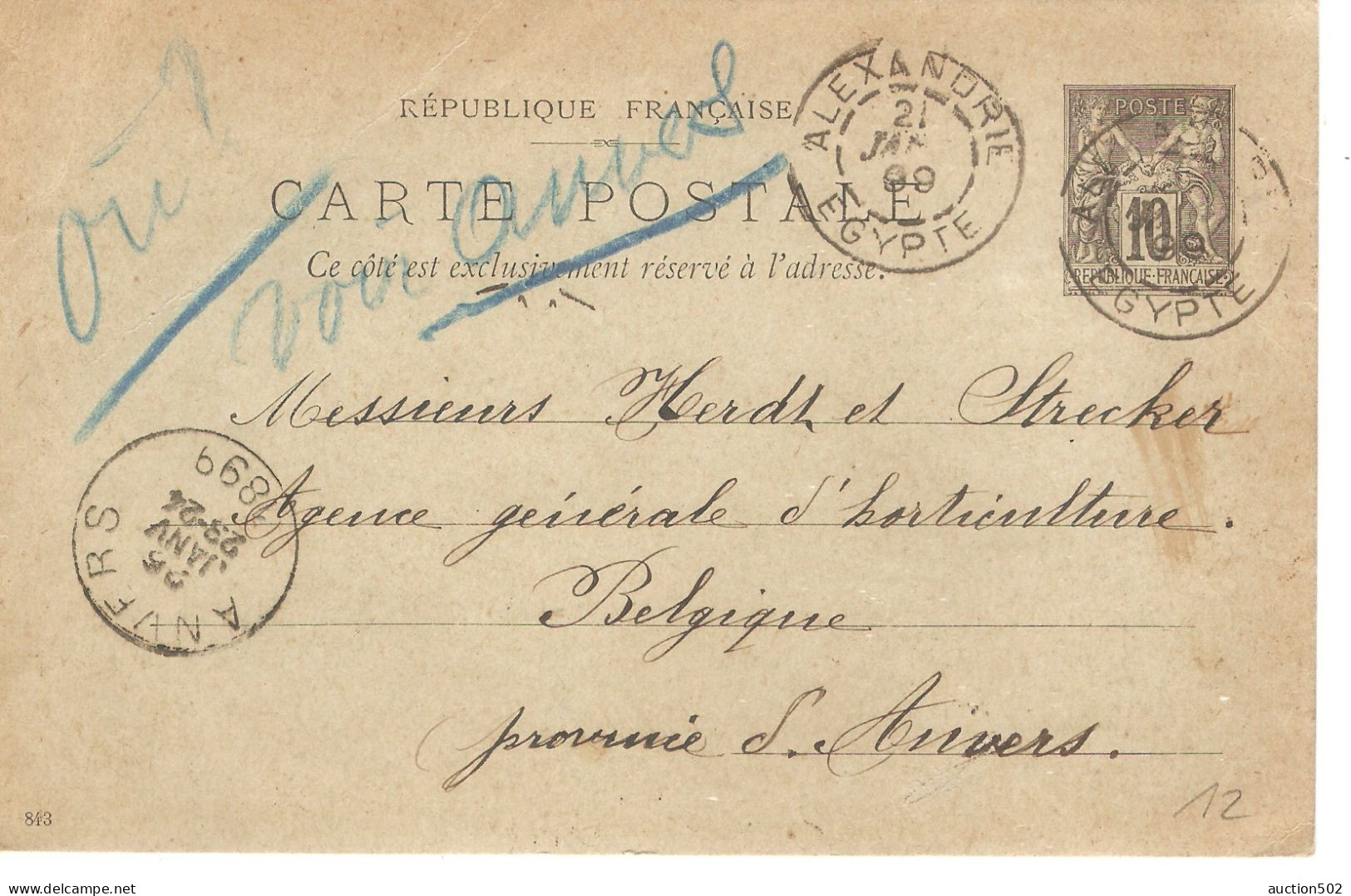 France Entier CP 10c Sage Alexandrie 21/1/1899 Cordonnerie Parisienne > Belgique Anvers Agence Générale D'Horticulteur - Briefe U. Dokumente