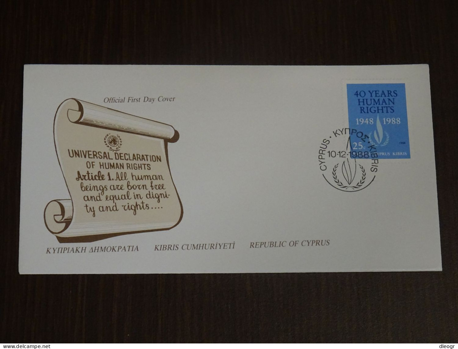 Cyprus 1988 Declaration Of Human Rights FDC - Covers & Documents