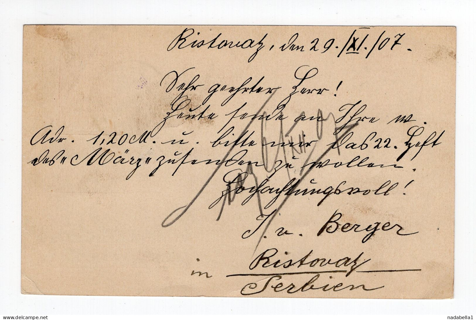 1907. SERBIA,RISTOVAS,RARE POSTMARK,10 PARA STATIONERY CARD SENT TO GERMANY - Serbie