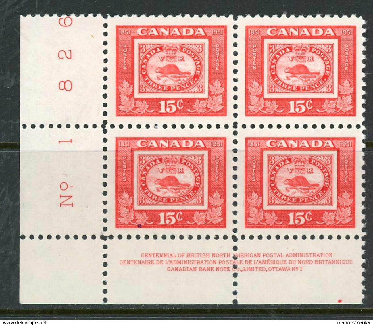 Canada MNH Plate Block 1951 Three Penny Beaver - Neufs