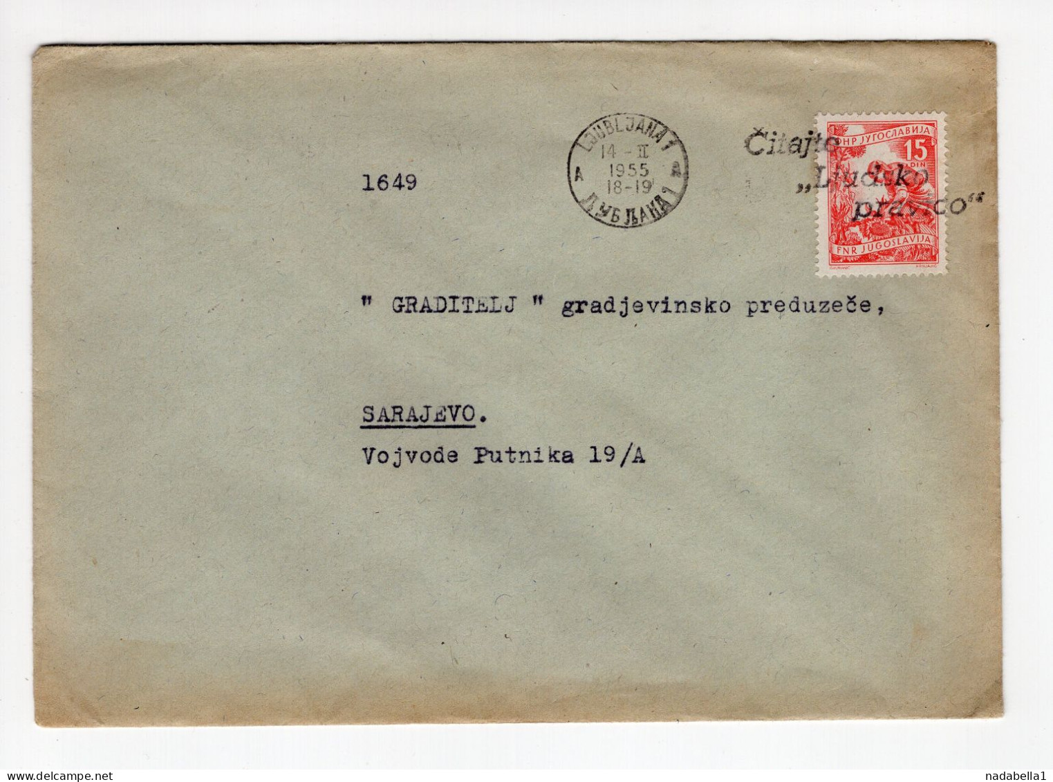 1955. YUGOSLAVIA,SLOVENIA,LJUBLJANA,FLAM:READ LJUDSKA PRAVICA NEWS,COVER TO SARAJEVO - Cartas & Documentos