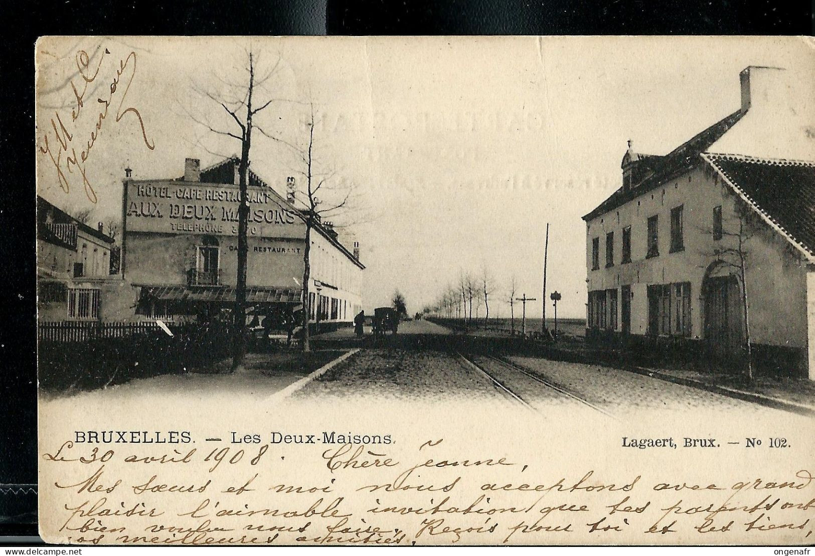 Carte écrite: 30/04/1908 : BRUXELLES - Les Deux Maisons - Evere