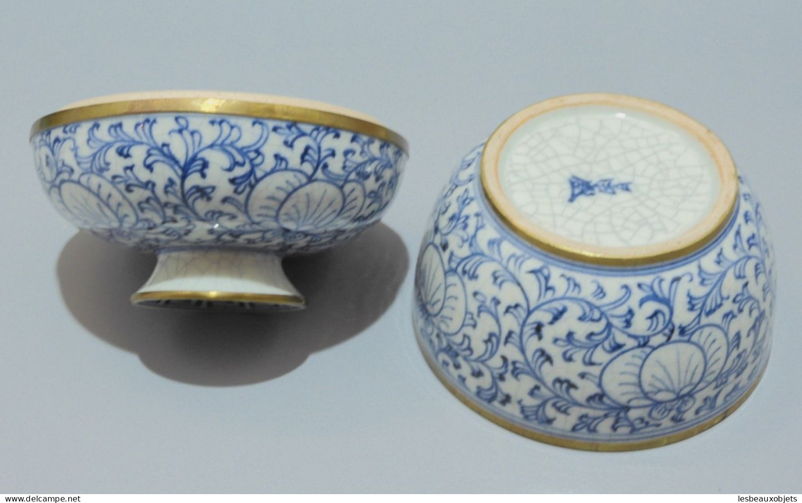 -ANCIEN POT COUVERT CERAMIQUE ASIATIQUE Craquelée BLANC/BLEU bords laiton    E