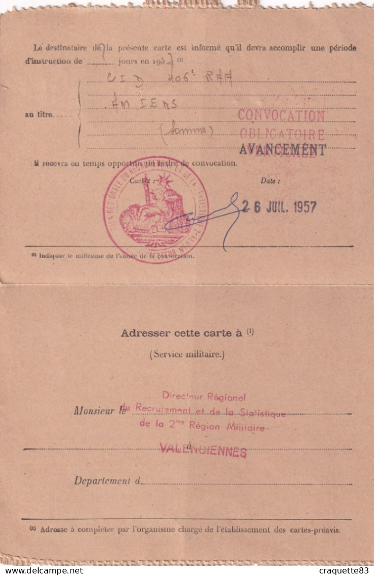 CARTE-REPONSE-AVIS  R.F. CLASSE 44 N°5595. 1957 -CONVOCATION OBLIGATOIRE "AVANCEMENT" - Documenti