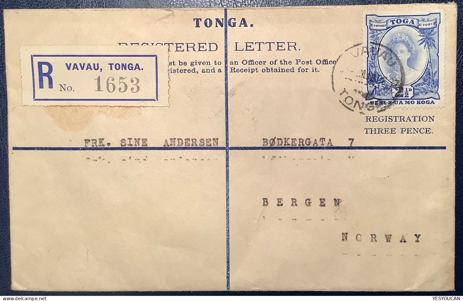 VAVAU TONGA 1937 Rare REGISTERED LETTER THREE PENCE (H&G 21) Postal Stationery To Bergen/Norway (cover - Tonga (...-1970)