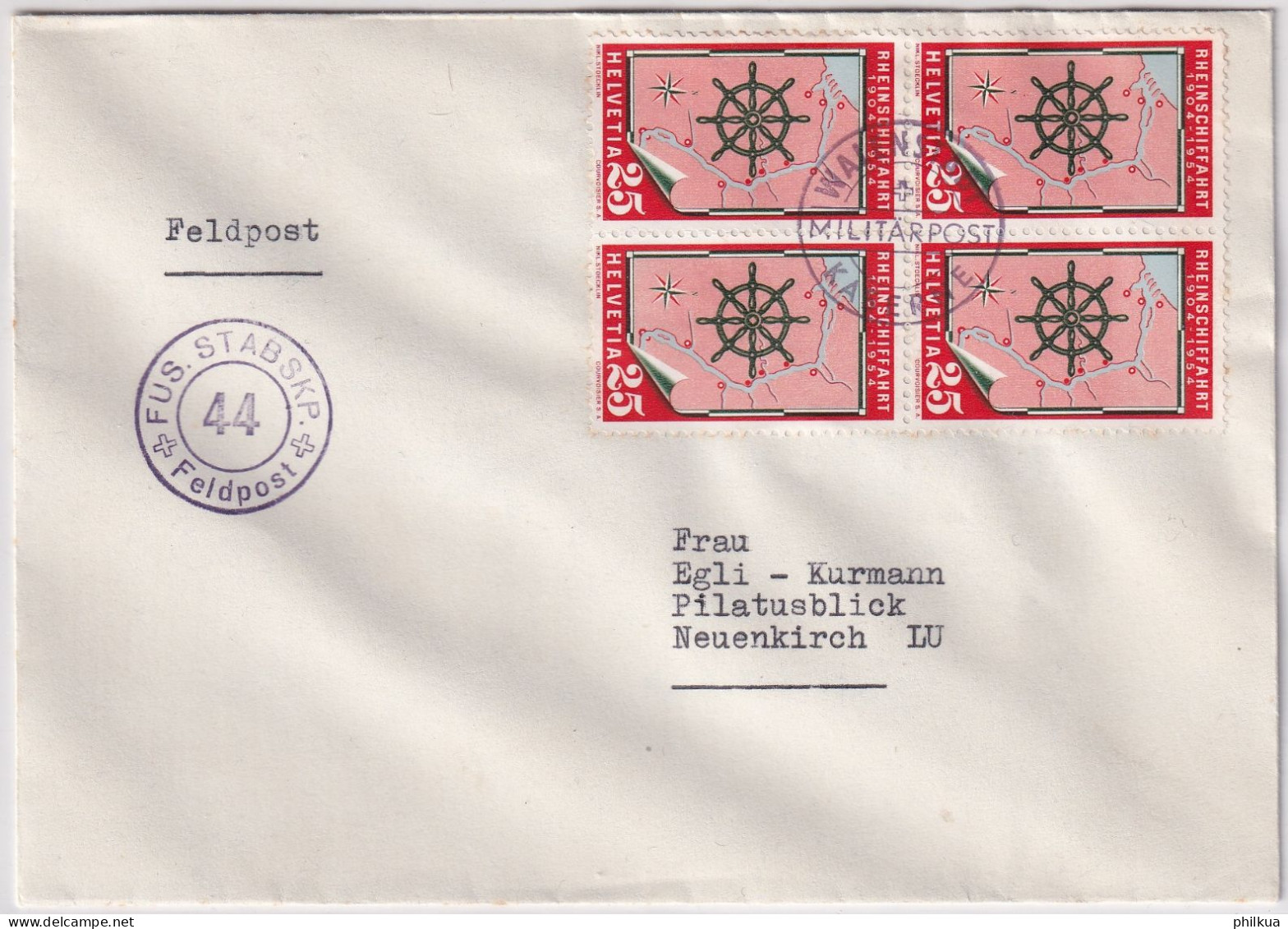 Michel 595 Rhein-Karte Abwärts Basel Und Steuerrad (50 Jahre Rheinschifffahrt) Gestempelt FÜS. STABSKP. 44 - FELDPOST - Postmarks