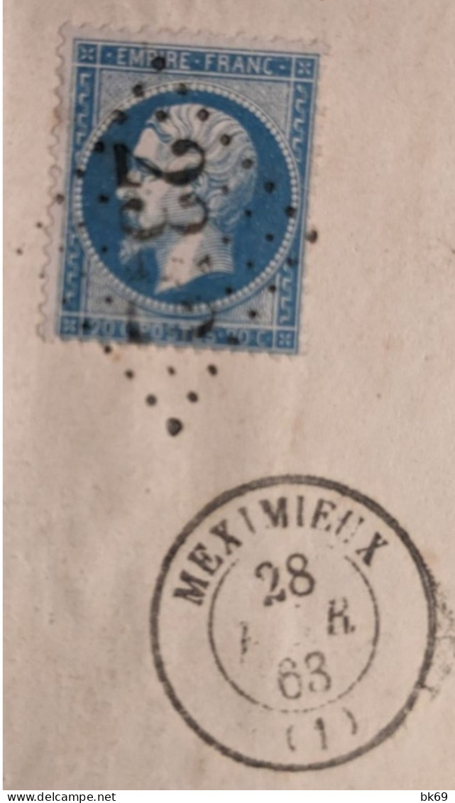 Méximieux Courrier Du Chef De Gare, Chemin De Fer PLM,( Obl. Gros Chiffres 2342 ) Du 28 Février1863 Pour Chalamont - Spoorwegpost