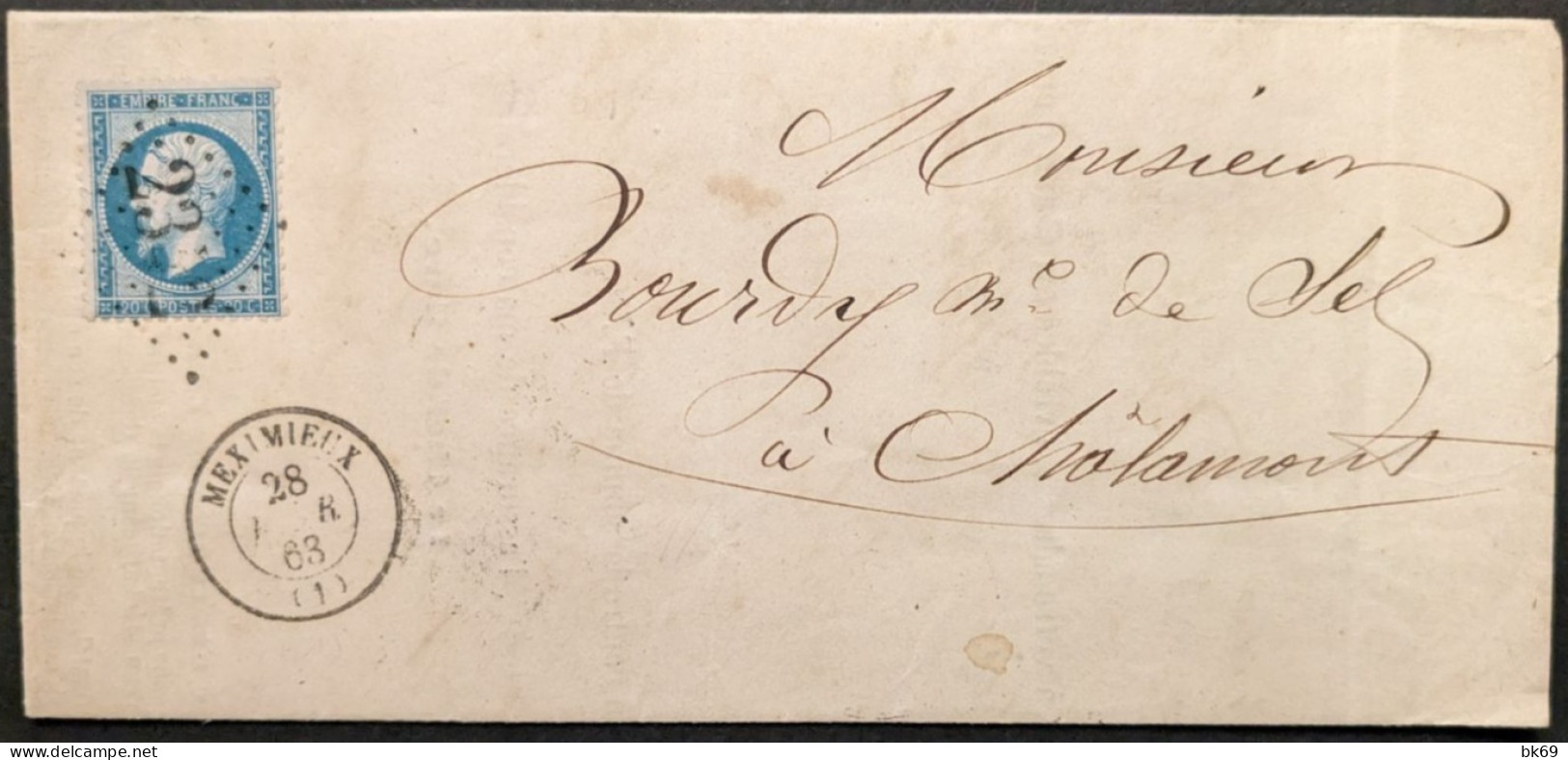 Méximieux Courrier Du Chef De Gare, Chemin De Fer PLM,( Obl. Gros Chiffres 2342 ) Du 28 Février1863 Pour Chalamont - Spoorwegpost