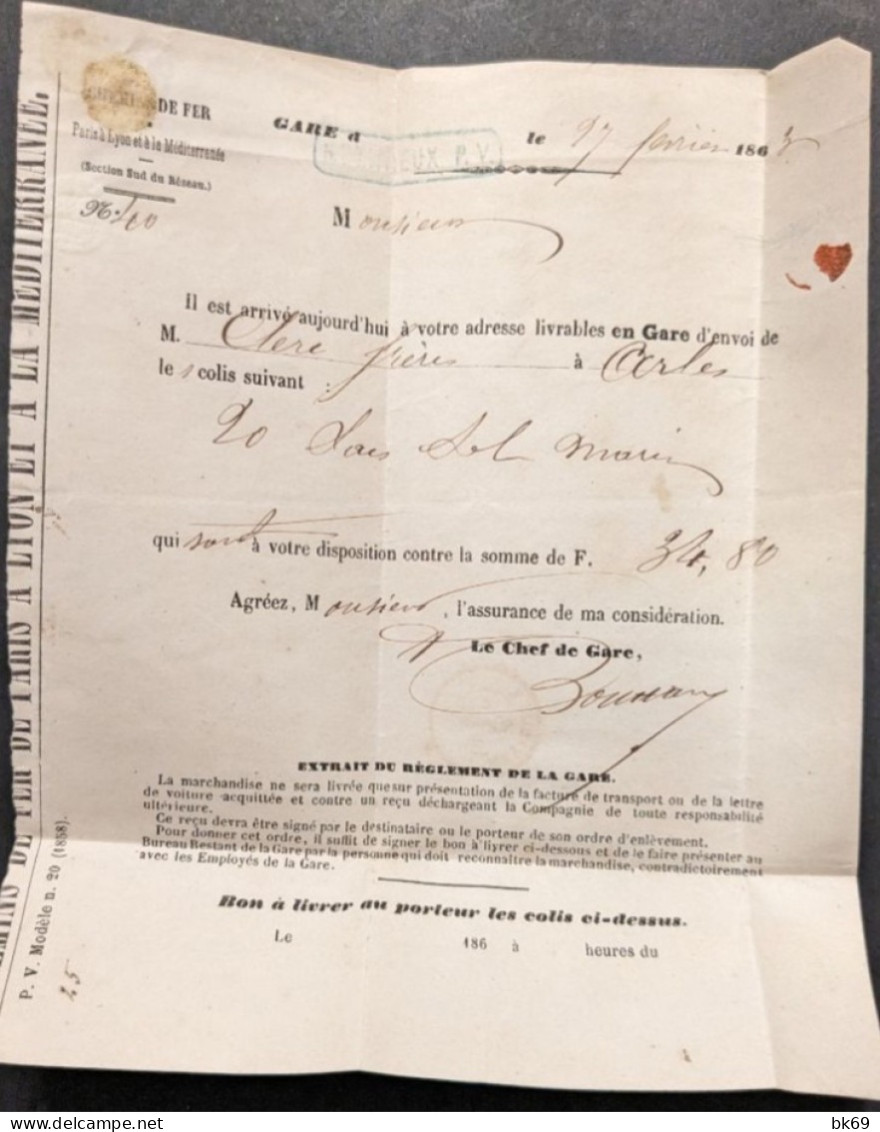 Méximieux Courrier du chef de Gare, chemin de fer PLM,( obl. Gros chiffres 2342 ) du 28 Février1863 pour Chalamont