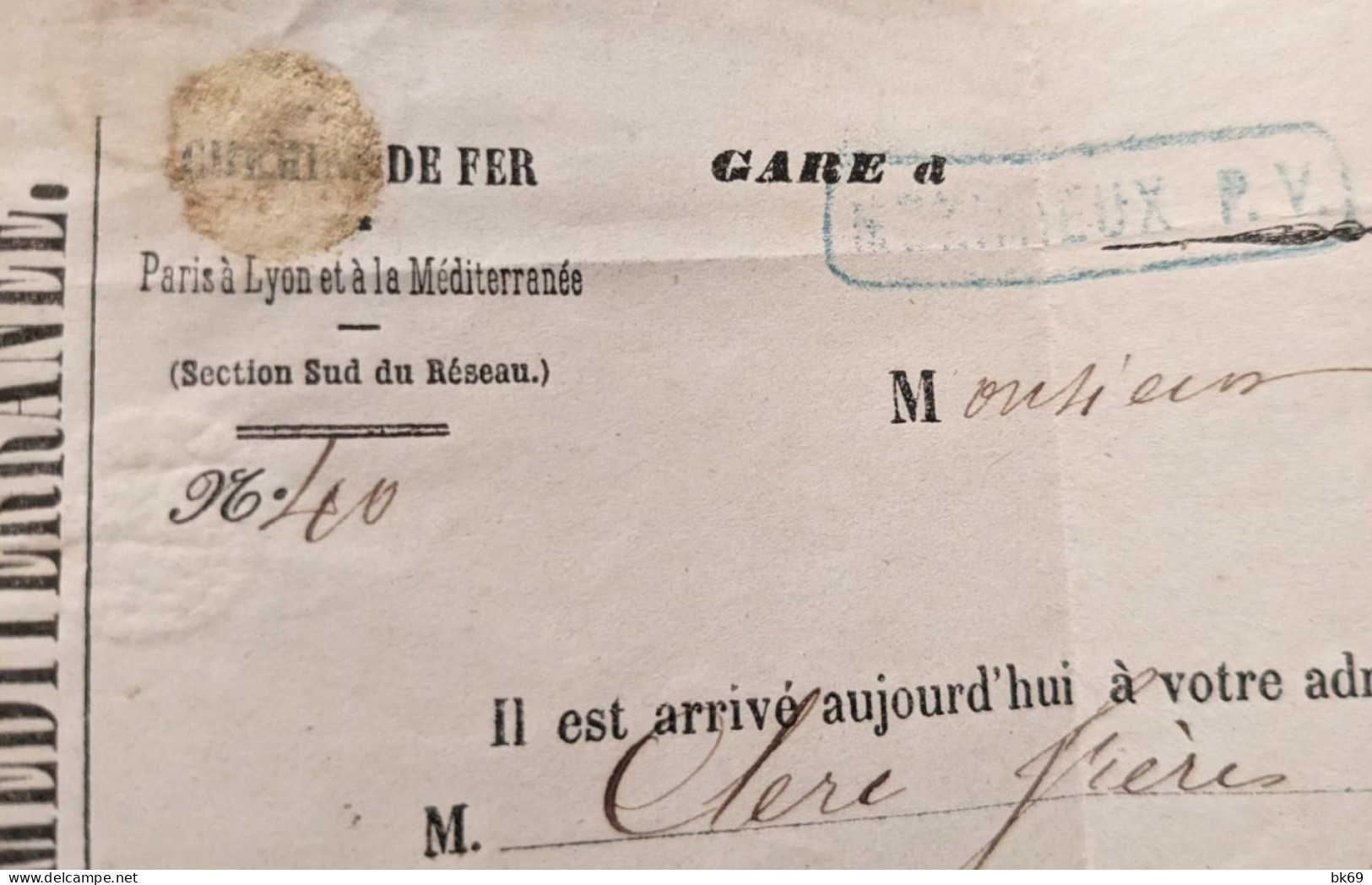 Méximieux Courrier du chef de Gare, chemin de fer PLM,( obl. Gros chiffres 2342 ) du 28 Février1863 pour Chalamont