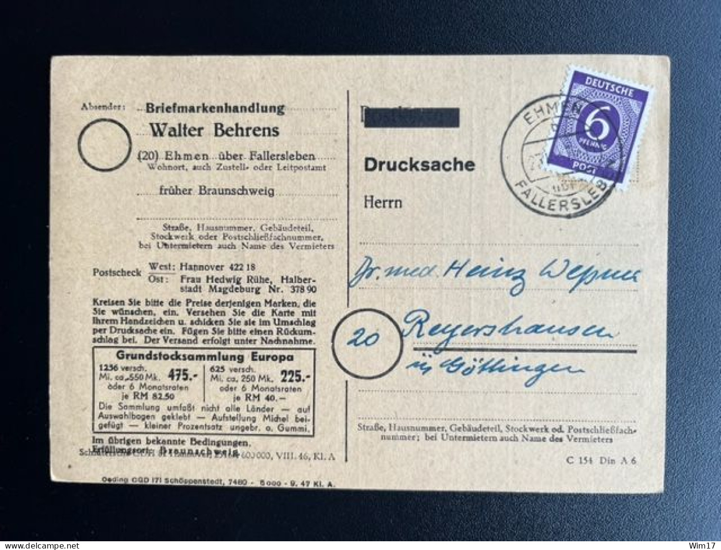 GERMANY 1947 POSTCARD EHMEN TO REYERSHAUSEN 23-10-1947 DUITSLAND DEUTSCHLAND - Ganzsachen