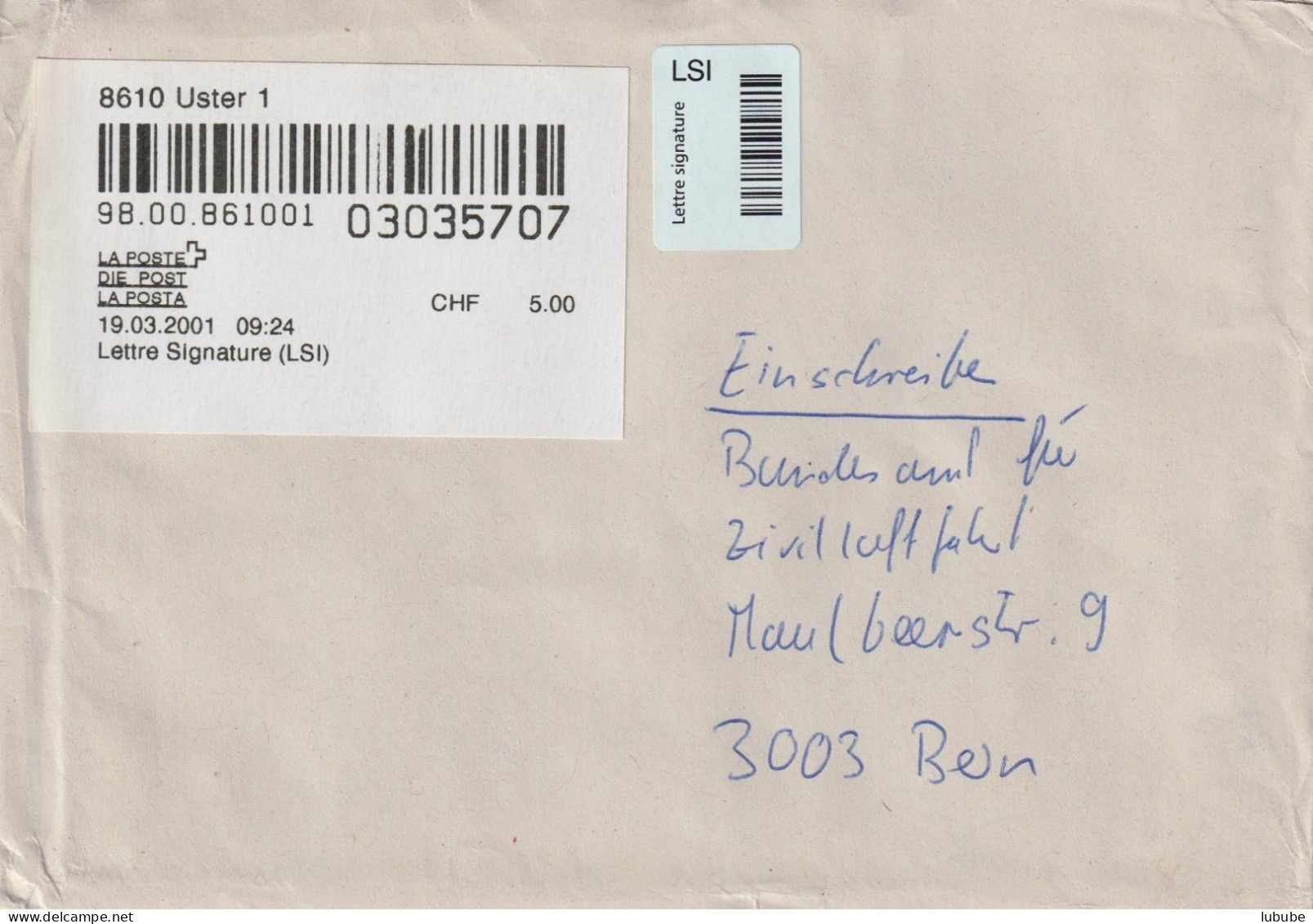 Lettre Signature  Uster - BAZL Bern        2001 - Lettres & Documents