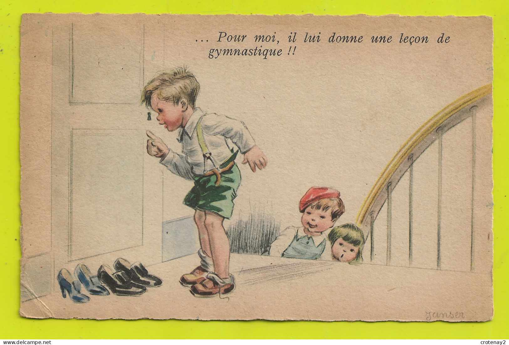 Illustrateur JANSER Pour Moi Il Lui Donne Une Leçon De Gymnastique Enfants Devant La Porte De La Chambre Des Parents - Janser