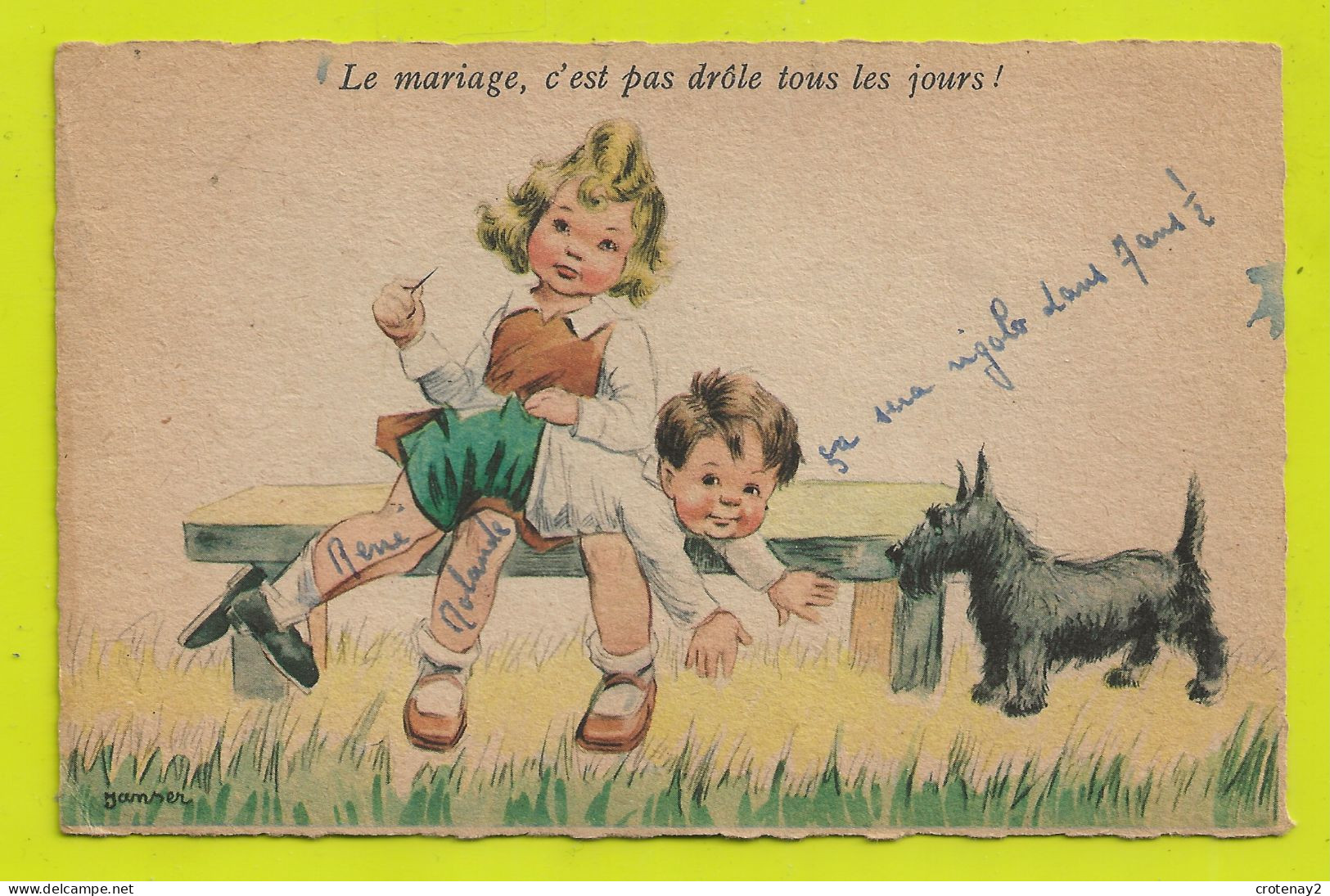 Illustrateur JANSER Le Mariage C'est Pas Drôle Tous Les Jours Fillette Garçon Sur Un Banc Avec Chien - Janser