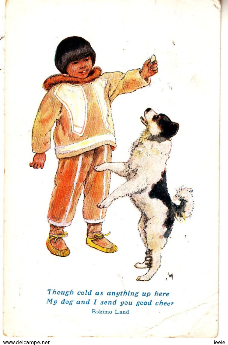 BR19. Vintage Postcard. Inuit, Eskimo Child Playing With A Dog. - America