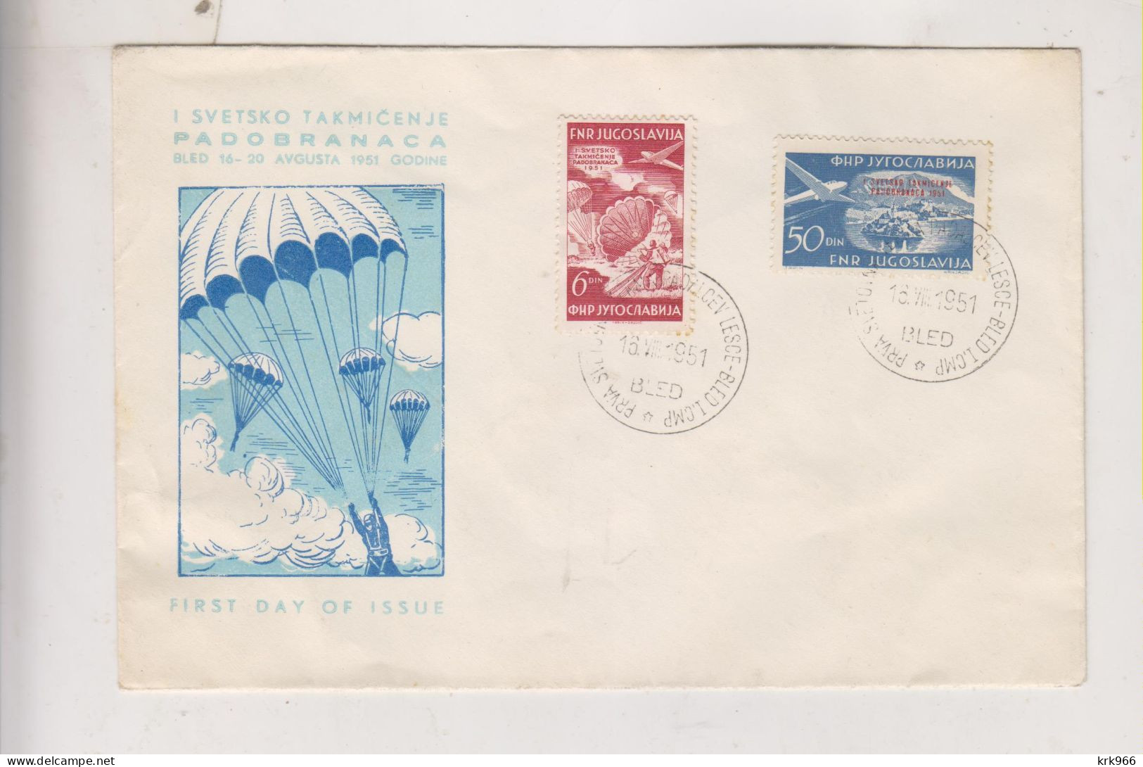 YUGOSLAVIA,1951 BLED PARACHUTING FDC Cover - Cartas & Documentos
