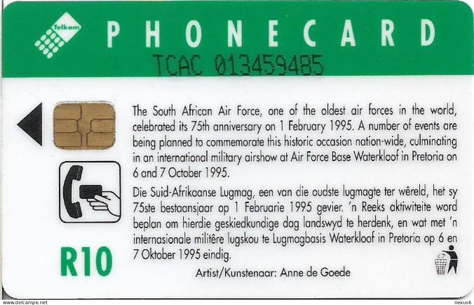 S. Africa - Telkom - De Havilland 9, Air Forces (Cn. Dashed Ø, Thin), Chip Siemens S30, 1995, 10R, Used - Sudafrica