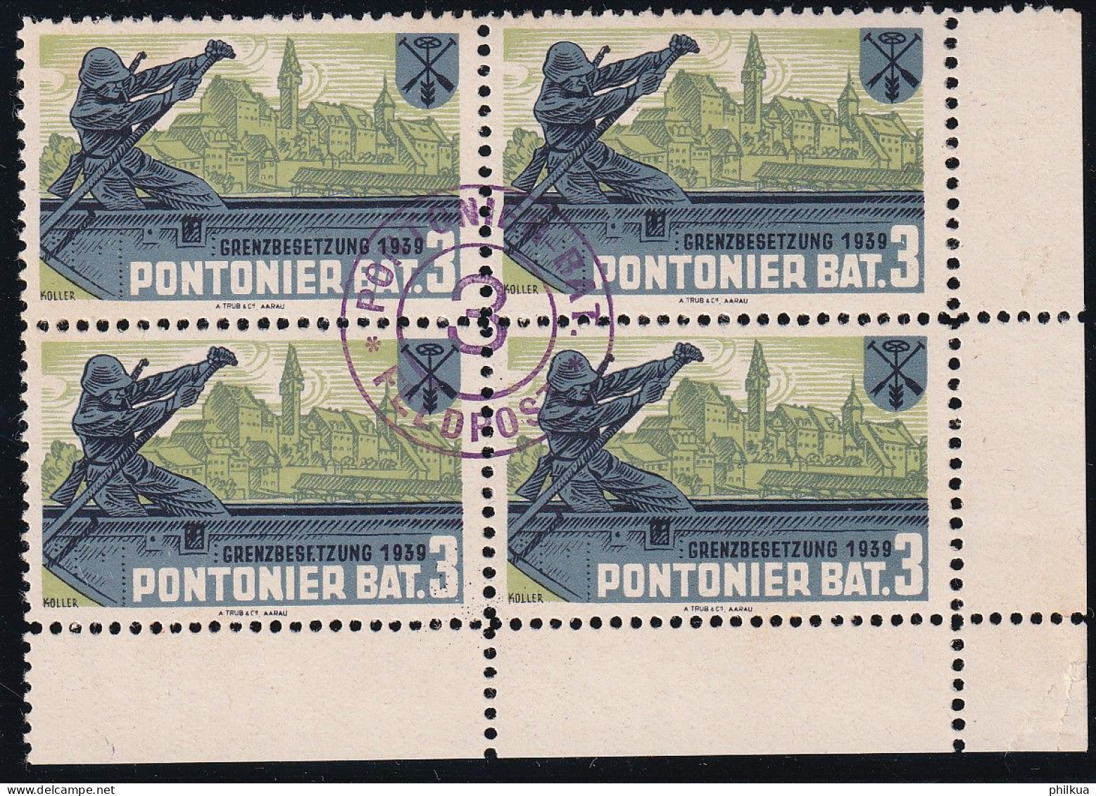 Pontoniere 27 Gezähnter Vierer Block - Pontonier Bat. 3 - Mit Truppemstempel - Postfrisch/**/MNH - Etichette