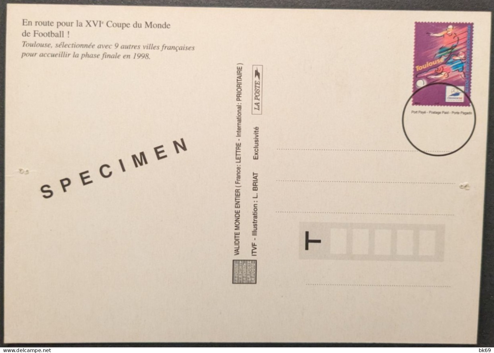 Entier Surchargé Spécimen 3013-CP1 SV1 Toulouse France 98 Coupe Du Monde De Football - Andere & Zonder Classificatie