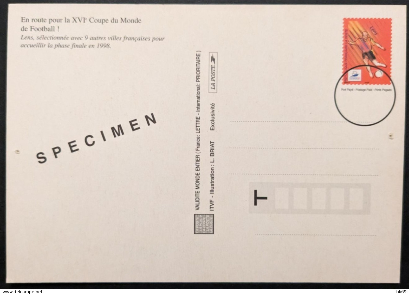 Entier Surchargé Spécimen 3010-CP1 SV1 Lens France 98 Coupe Du Monde De Football - Andere & Zonder Classificatie